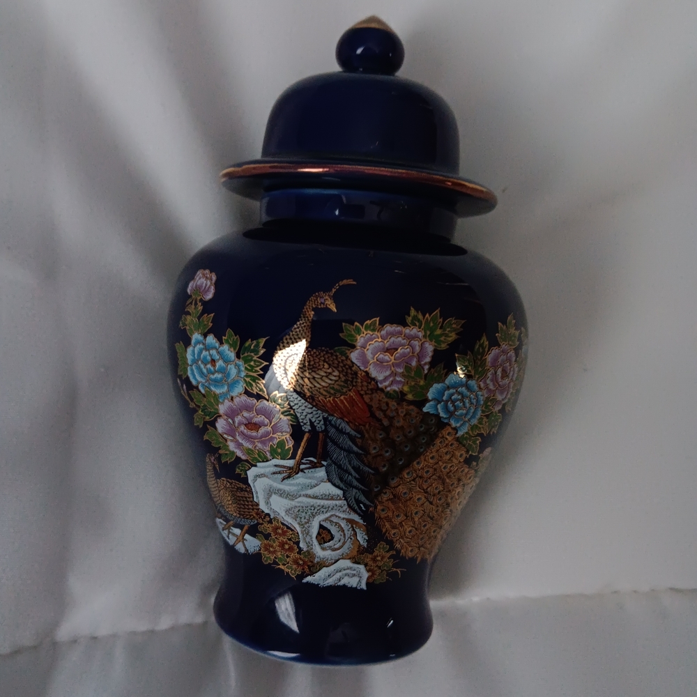 Elegant Blue Cobalt Ginger Jar with Peacock Design